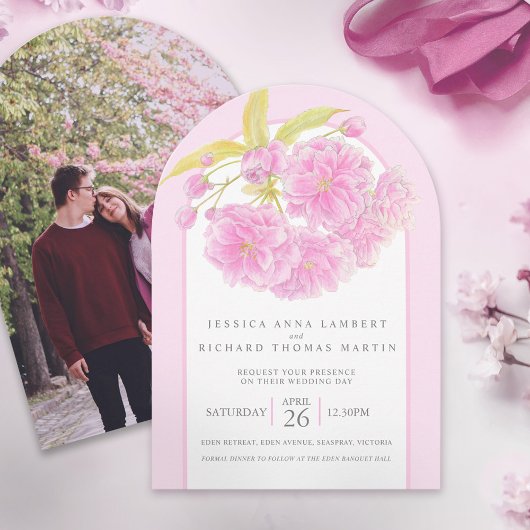Invitation Aquarelle de fleurs de cerisier rose mariage arche