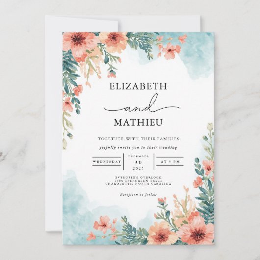 Invitation Aquarelle de fleurs de corail Mariage (Devant)