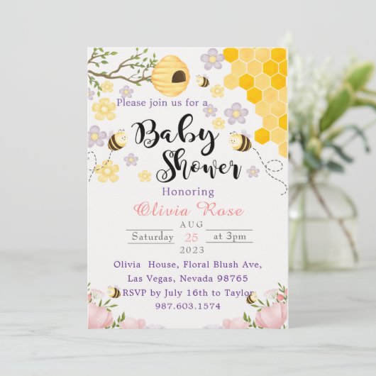 Invitation Aquarelle de fleurs sauvages et abeilles (Debout devant)