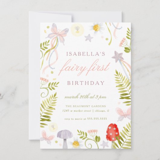 Invitation Aquarelle de forêt Végétation Fée Premier annivers (Devant)