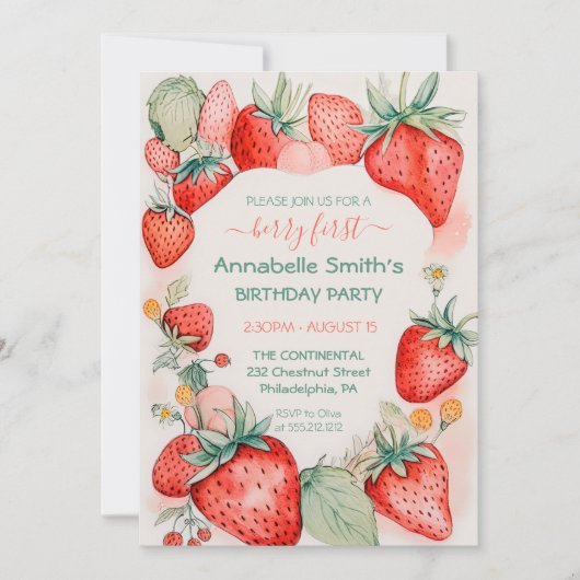 Invitation Aquarelle de fraise Berry mignonne Premier anniver (Devant)