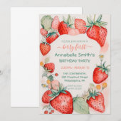 Invitation Aquarelle de fraise Berry mignonne Premier anniver (Devant / Derrière)