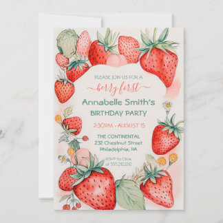 Invitation Aquarelle de fraise Berry mignonne Premier anniver