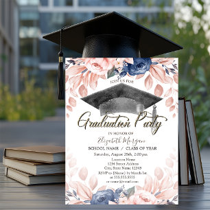 Invitation Aquarelle de graduation Cap, Fleurs Graduation