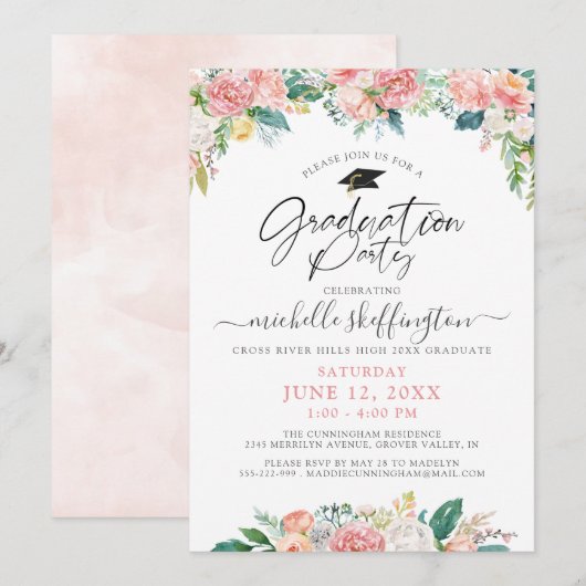 Invitation Aquarelle de graduation élégante couleur florale S (Devant / Derrière)