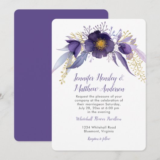 Invitation Aquarelle de Hellebore pourpre et or Floral (Devant / Derrière)