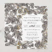 Invitation Aquarelle de la Confetti Florale d'or noir (Devant / Derrière)