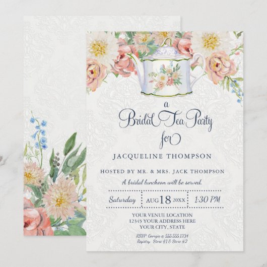 Invitation Aquarelle de la fête du thé nuptiale rose n blanc  (Devant / Derrière)