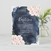 Invitation Aquarelle de la marine Baptême floral Bleu (Debout devant)