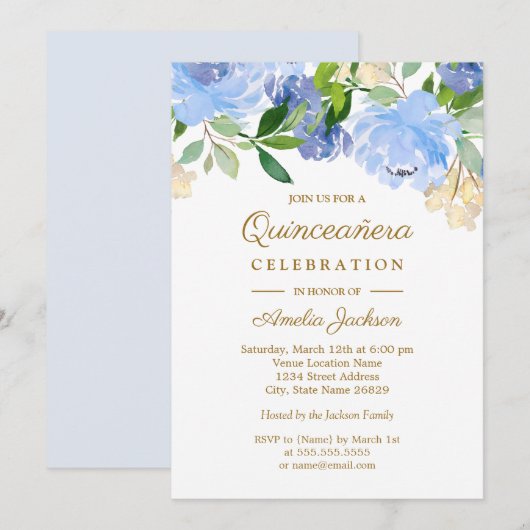 Invitation Aquarelle de la marine bleue Quinceanera (Devant / Derrière)