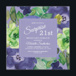 Invitation Aquarelle de la marine verte pourpre Floral 21e an<br><div class="desc">Elégant botanique violet,  bleu marine,  jaune citron et vert aquarelle floral sur violet carré surprise 21e anniversaire invitation fête. Le texte,  la police,  la taille de police et la couleur sont entièrement personnalisables,  donc cette carte peut être customisée pour répondre parfaitement à vos besoins.</div>