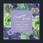 Invitation Aquarelle de la marine verte pourpre Floral 21e an<br><div class="desc">Elégant botanique violet,  bleu marine,  jaune citron et vert aquarelle floral sur violet carré surprise 21e anniversaire invitation fête. Le texte,  la police,  la taille de police et la couleur sont entièrement personnalisables,  donc cette carte peut être customisée pour répondre parfaitement à vos besoins.</div>