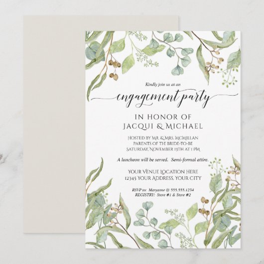 Invitation Aquarelle de la partie d'engagement Semé Eucalyptu (Devant / Derrière)