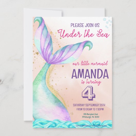 Invitation Aquarelle de la queue de sirène Anniversaire sous  (Devant)