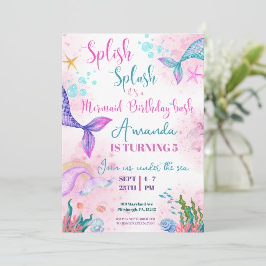 Invitation Aquarelle de la queue de sirène Anniversaire sous (Debout devant)
