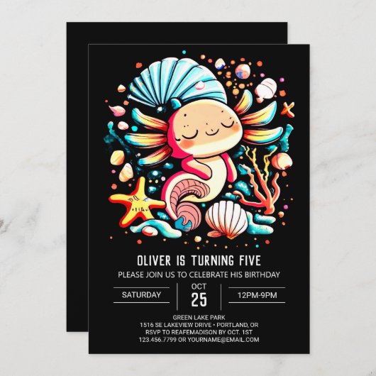 Invitation Aquarelle de l'Axolotl Whimsical Célébration d'ann (Devant / Derrière)