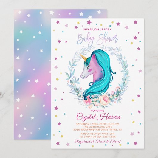 Invitation Aquarelle de licorne douce Baby shower floral (Devant / Derrière)