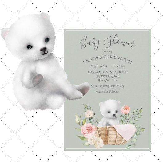 Invitation Aquarelle de l'ours polaire Sage Baby shower vert