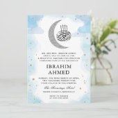 Invitation Aquarelle de lune d'argent bleu islamique Aqiqa Aq (Debout devant)