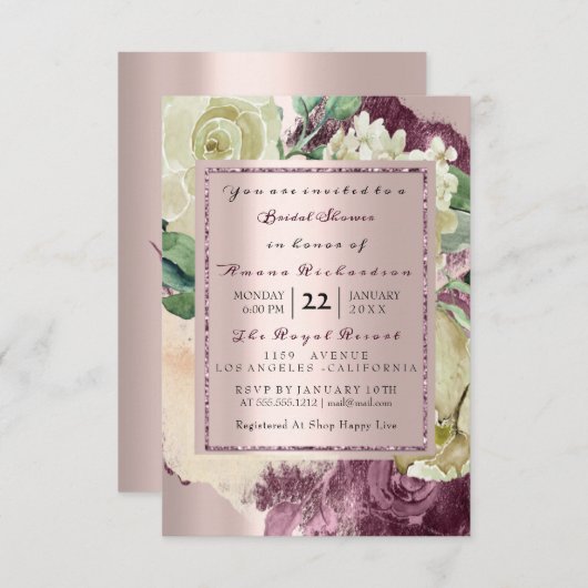 Invitation Aquarelle de mariage Marsala blanc floral or rose (Devant / Derrière)
