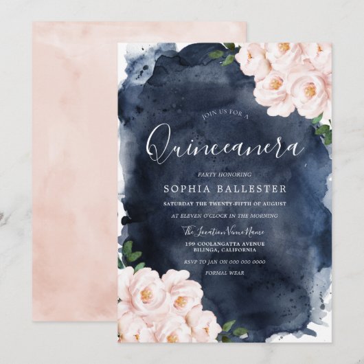 Invitation Aquarelle de marine Beau Blush Floral Quinceanera (Devant / Derrière)