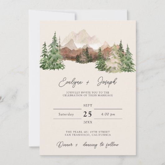 Invitation Aquarelle de montagne Mariage de pin (Devant)