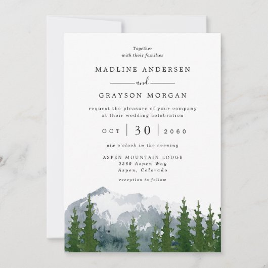 Invitation Aquarelle de montagne Pin rustique Mariage Invi (Devant)