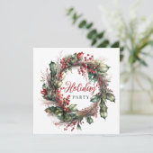 Invitation Aquarelle de Noël couronne rouge vert floral (Debout devant)