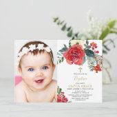 Invitation Aquarelle de Noël floral élégant photo baptême (Debout devant)