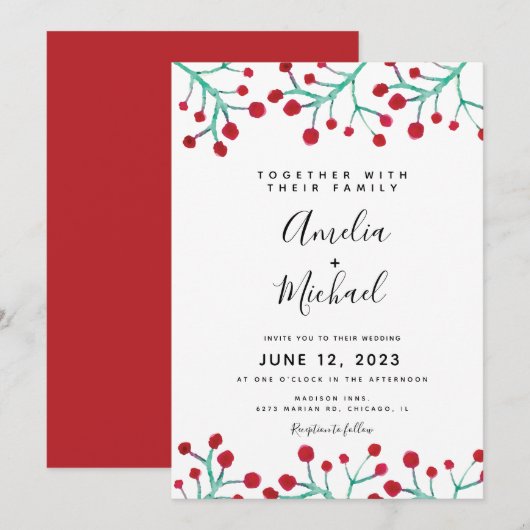 Invitation Aquarelle de Noël Mariage botanique du Berry rouge (Devant / Derrière)
