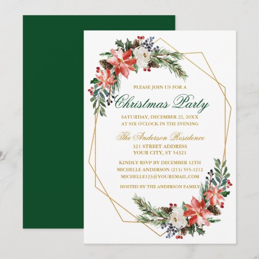 Invitation Aquarelle de Noël Poinsettia Gold Green (Devant / Derrière)
