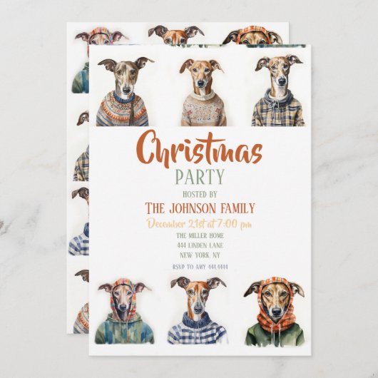 Invitation Aquarelle de Noël Whippet (Devant / Derrière)