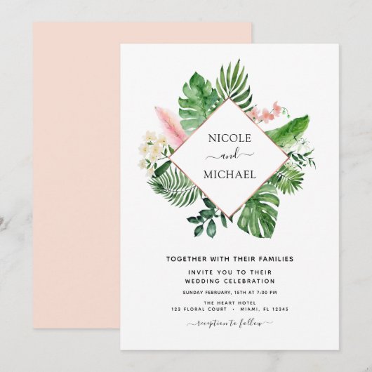 Invitation Aquarelle de palme tropicale Mariage géométrique (Devant / Derrière)