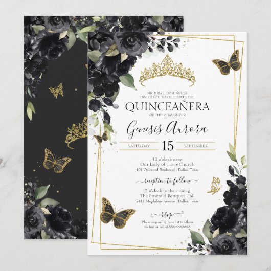 Invitation Aquarelle de papillon noir or Quinceanera (Devant / Derrière)