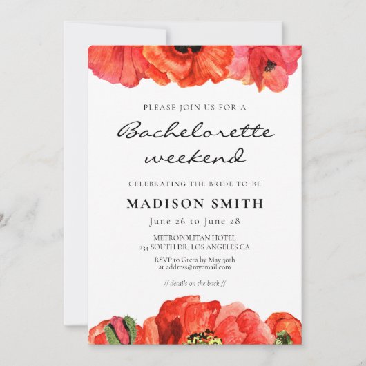 Invitation Aquarelle de pavot rouge Bachelorette week-end (Devant)