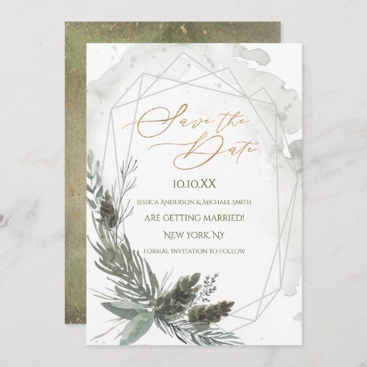 Invitation Aquarelle de pin rustique Enregistrer la date (Devant / Derrière)