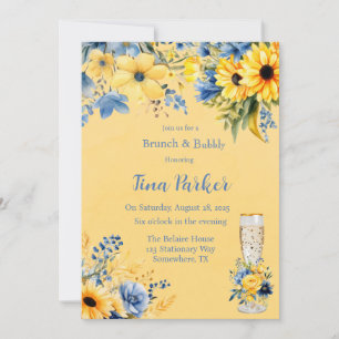 Invitation Aquarelle de pivoine bleu jaune Brunch et mousseux