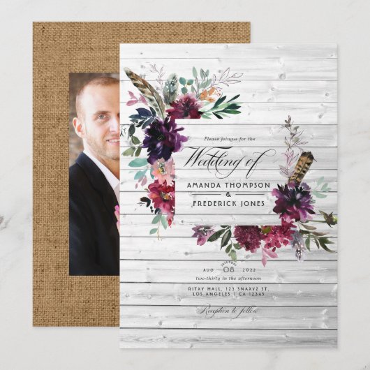 Invitation Aquarelle de Plum violet Mariage de Bohême Floral (Devant / Derrière)