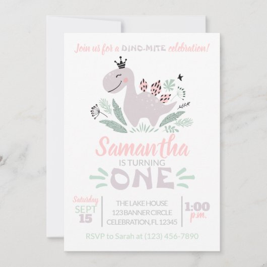 Invitation Aquarelle de première fille Dinosaure pourpre (Devant)