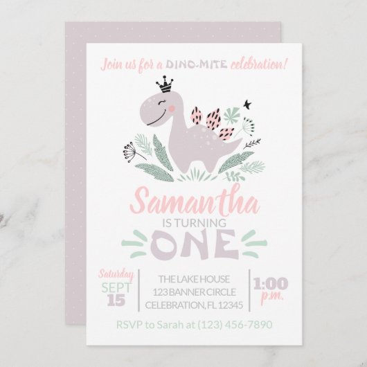 Invitation Aquarelle de première fille Dinosaure pourpre (Devant / Derrière)