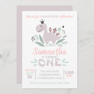 Invitation Aquarelle de première fille Dinosaure pourpre