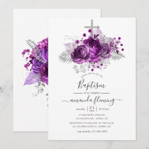 Invitation Aquarelle de prune et d'argent Baptême floral