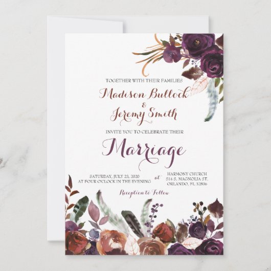 Invitation Aquarelle de prune et de cuivre Mariage floral Inv (Devant)