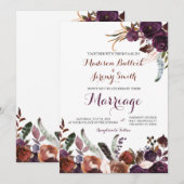 Invitation Aquarelle de prune et de cuivre Mariage floral Inv (Devant / Derrière)