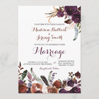 Invitation Aquarelle de prune et de cuivre Mariage floral Inv