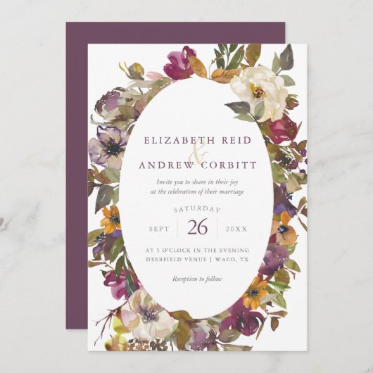 Invitation Aquarelle de prune et de moutarde Mariage floral (Devant / Derrière)
