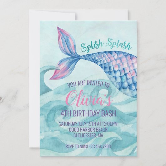 Invitation Aquarelle de sirène Anniversaire (Devant)