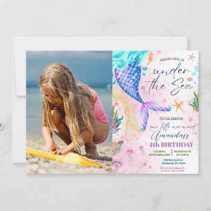 Invitation Aquarelle de sirène photo Anniversaire sous la mer