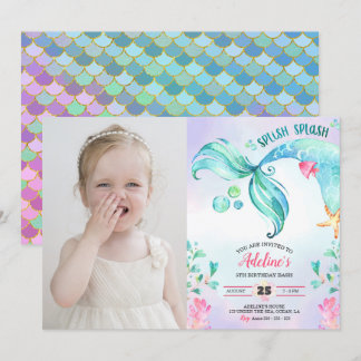 Invitation Aquarelle de sirène Splish Splash Photo Anniversai