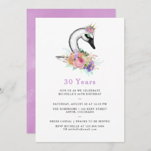 Invitation Aquarelle de tout âge Swan Floral fête d'anniversa